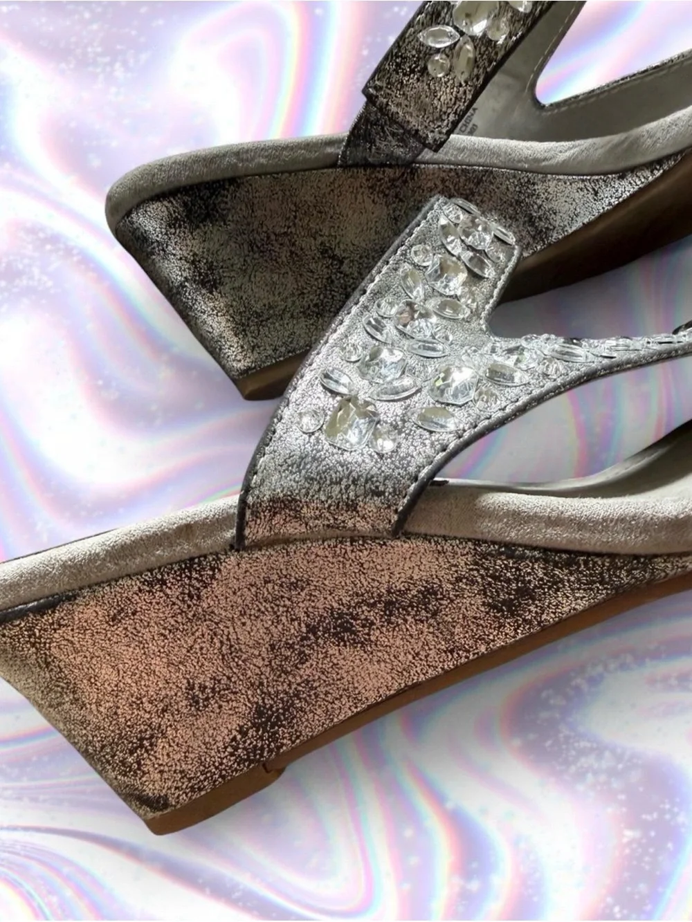 New York Transit Silver Jeweled Wedge Thong Sandals